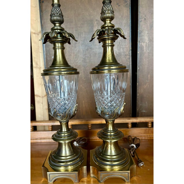 Vintage Mid-Century Stiffel Hollywood Regency Brass & Crystal Pineapple Table Lamps, a Pair For Sale In Louisville - Image 6 of 12