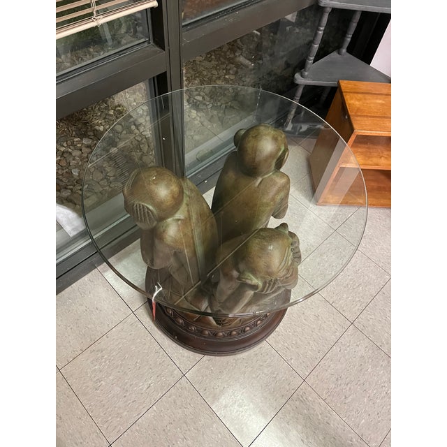 Glass Late 20th Century Whimsical Three Wise Monkeys Revolving Sculpture Table For Sale - Image 7 of 7