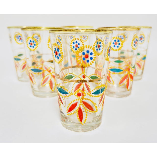 Moroccan Set of 6 Moroccan Tea Glasses, Hand-Decorated Moorish Motifs, Circa 1960s For Sale - Image 3 of 9