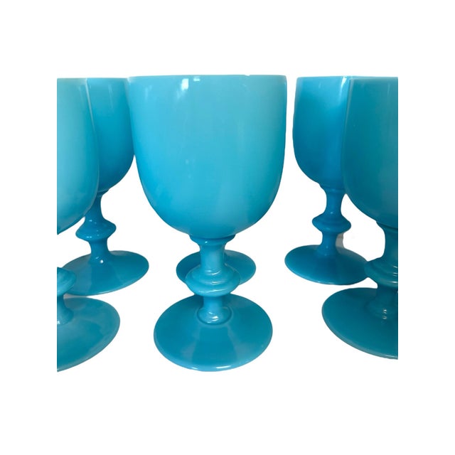 Art Deco 1930s Portieux Vallerysthal Turquoise Blue Opaline Goblets - Set of 8 For Sale - Image 3 of 12