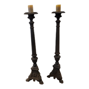 Antique Cast Iron Pair of French Church Religious Altar Candelsticks 55 Inches Tall