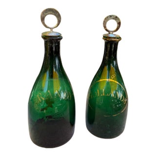 Early 19th Century Georgian "Bristol Green" Glass Spirit Decanters | Holland (Gin) & Brandy - a Pair For Sale