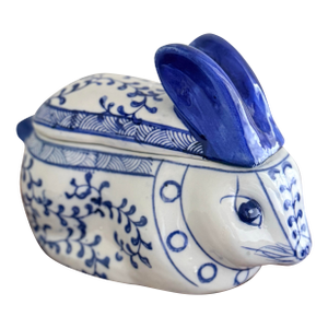 Vintage Blue and White Floral Bunny Rabbit Lidded Ceramic Box