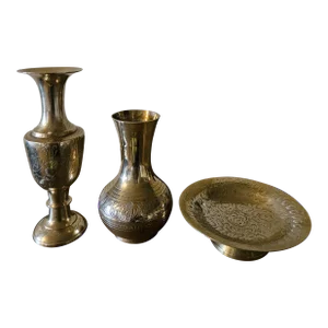 Vintage Indian Brass Vases and Bowl Set- 3 Pieces