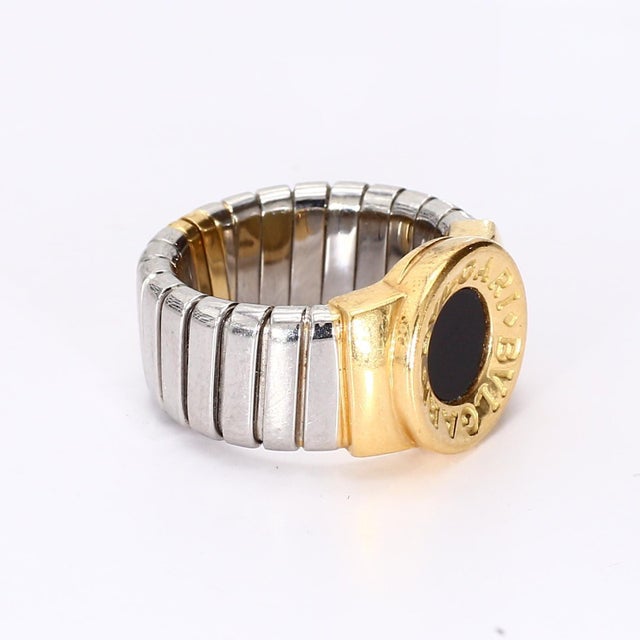Contemporary Bvlgari "Tubogas" Black Onyx 18k Yellow Gold & Steel Ring - Size 5 Adjustable For Sale - Image 3 of 4
