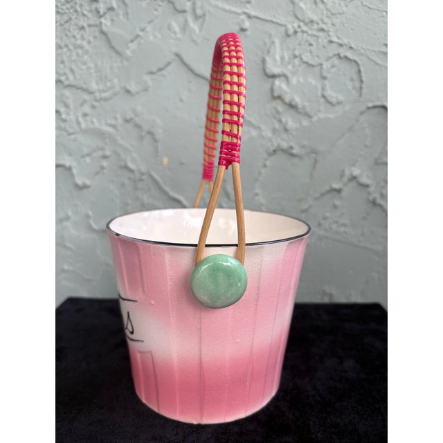1960s Vintage Hand-Painted Ceramic Candy Bucket With Wrapped Handle, Pink Ombre Finish For Sale - Image 5 of 11