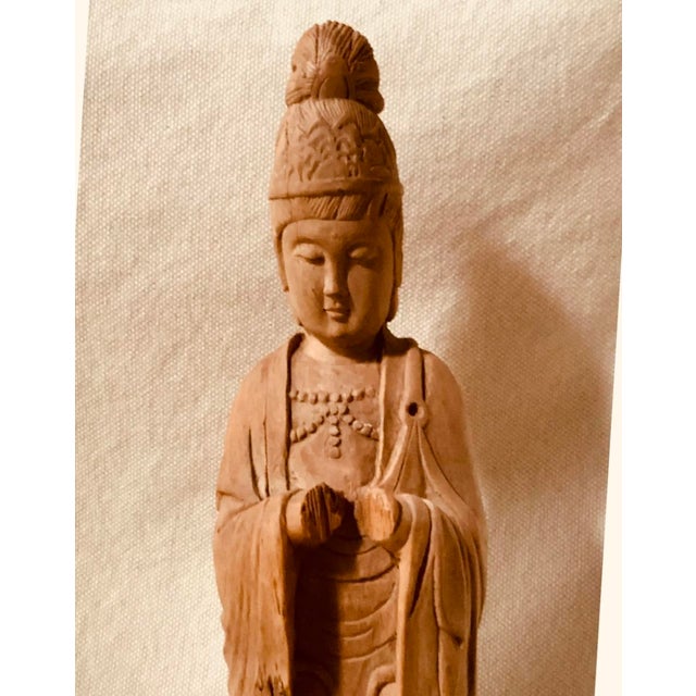 Brown 19th Century Hand-Carved Cypress Guanyin Buddhist Goddess of Mercy Sculpture With Prayer Beads For Sale - Image 8 of 17