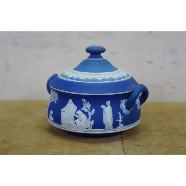 Vintage Wedgwood Blue Jasperware Candlesticks Creamer Sugar Teapot Bowl Compote - Set of 6 For Sale - Image 14 of 16