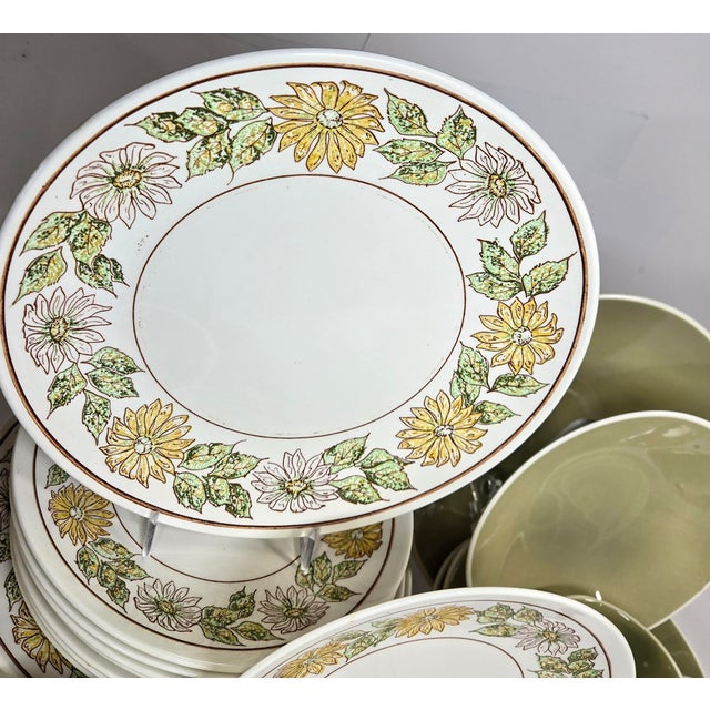 Mid-Century Modern Mid Century Scandinavian Avocado and Daisy Dinnerware- Set of 32 For Sale - Image 3 of 17