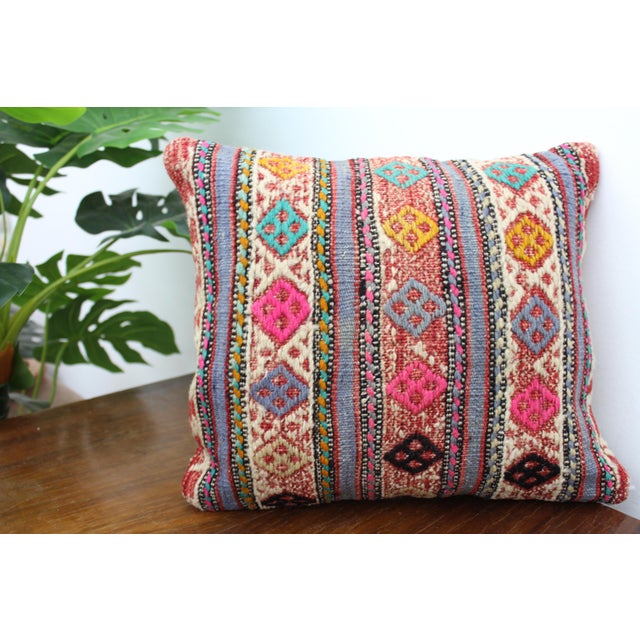 Textile Colorful Turkish Kilim Decorative Pillow Cover - 13"x15" For Sale - Image 7 of 11