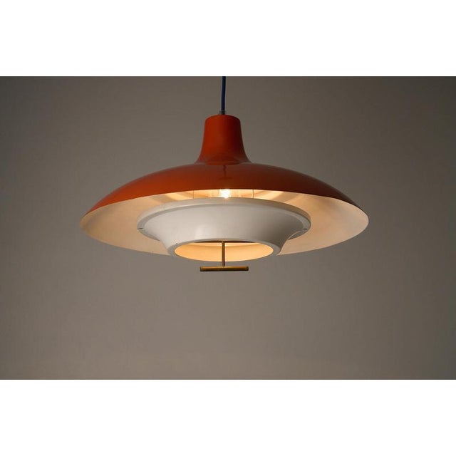 Gold Large Mid-Century Orange Metal Pendant with White Diffuser and Brass Detail, 1960s For Sale - Image 8 of 11