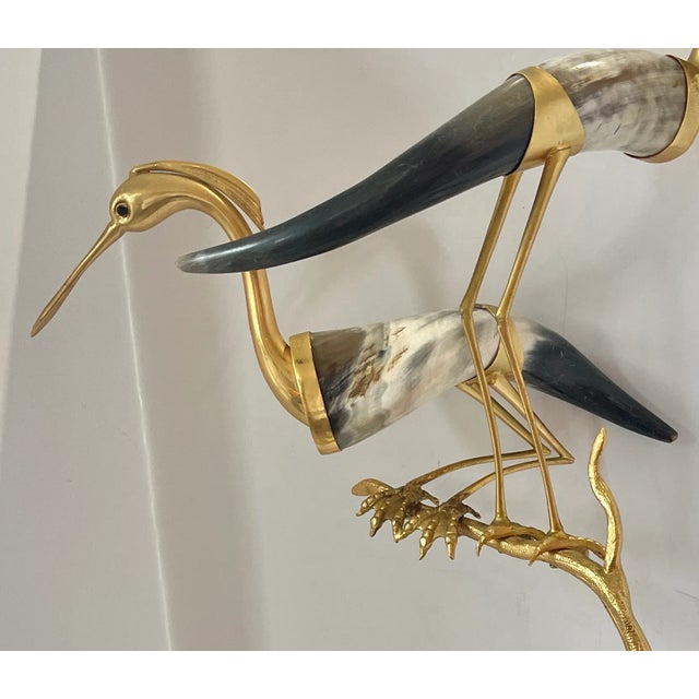 Contemporary Italian Perched Birds Sculpture With Natural Horns & Dore Bronze, Hauy Pouigo For Sale - Image 3 of 12