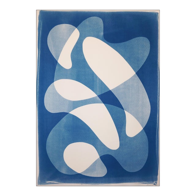 2026, Mid Century Modern Monotype, Unique Print in Blue Tones, the Splash, Floating Forms on Paper For Sale