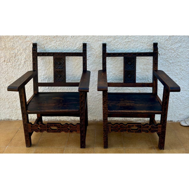 Set of 19th Century Spanish Colonial Carved Altar Armchairs with Wooden Seats For Sale - Image 3 of 18