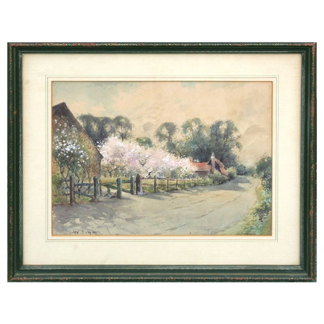 1960s Orchard in Bloom, Mid Century Spring Blossoms Landscape Watercolor by Jay Simm For Sale - Image 5 of 5
