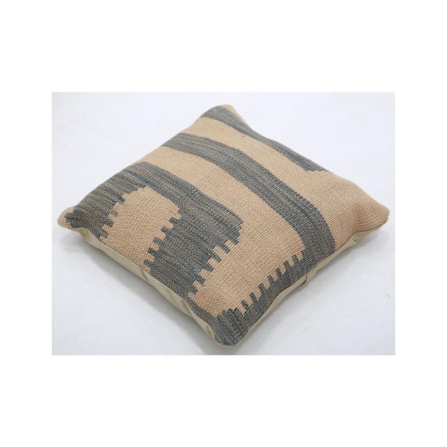 Tribal Arteverk Sand & Slate Gray Stepped Block Kilim Throw Pillow 17" X 17", Handwoven Afghan Wool For Sale - Image 3 of 4