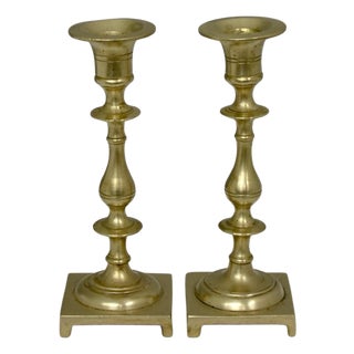 7” Turned Brass Candle Holders - Pair For Sale