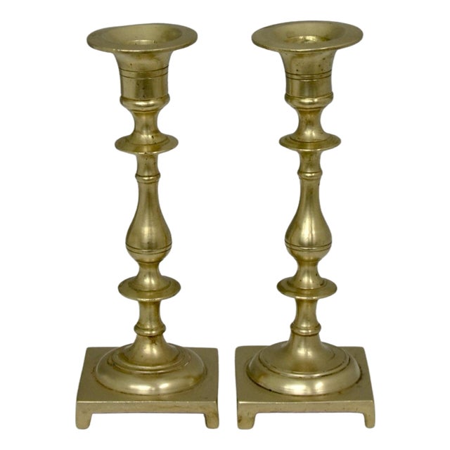 7” Turned Brass Candle Holders - Pair For Sale