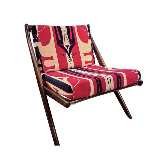 MCM Walnut Chair With Vintage Pendleton Will Upholstery For Sale In New York - Image 6 of 6