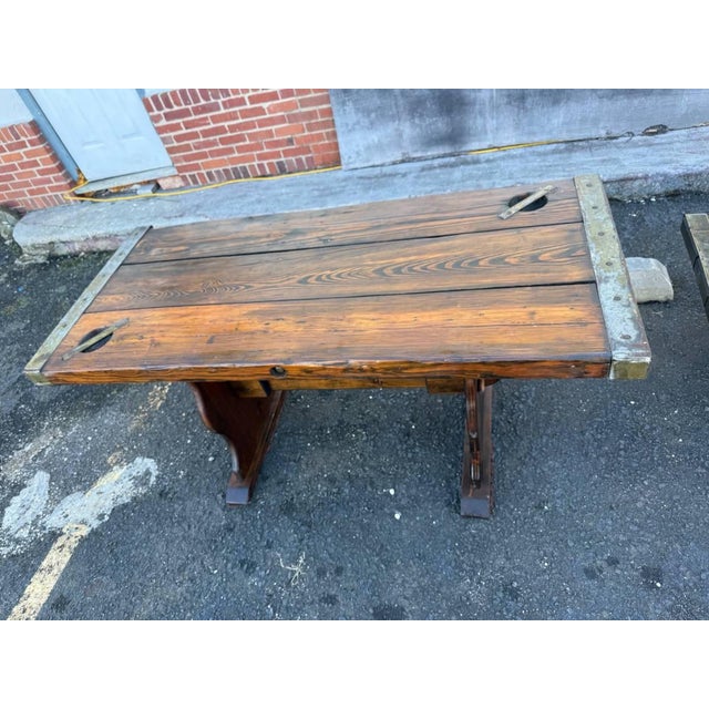 Vintage Farmhouse Rustic Style Liberty Ship Hatch Cover Trestle Base Dining Table For Sale In Washington DC - Image 6 of 17