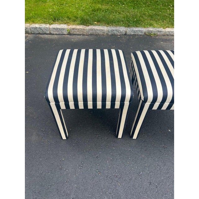 Pair of Striped Square Ottomans in the Style of Billy Baldwin For Sale - Image 10 of 12