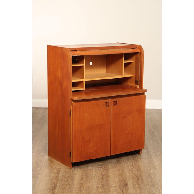 Mid-Century Modern Danish Modern Vintage Teak Roll Top Bar Cabinet or Secretary Desk For Sale - Image 3 of 12