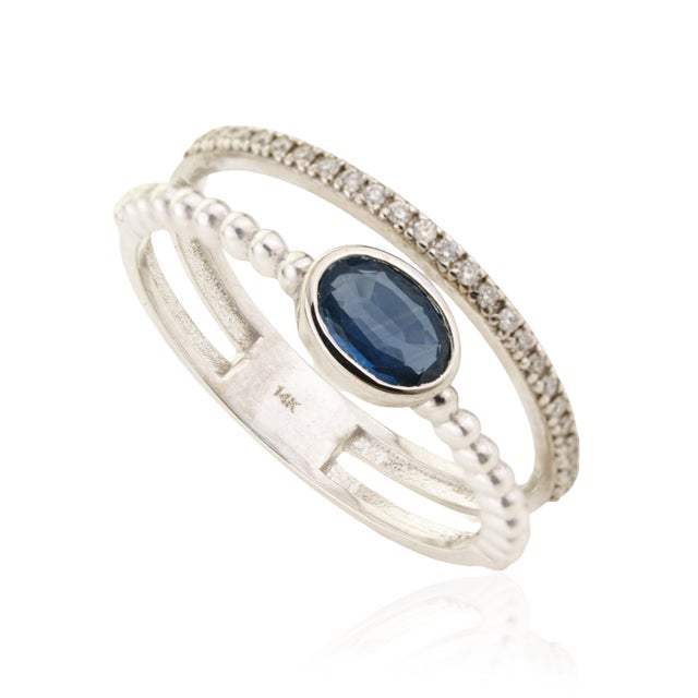 14k Gold Modern Blue Sapphire & Diamond Beaded Double Band Ring Size 6 For Sale - Image 4 of 14