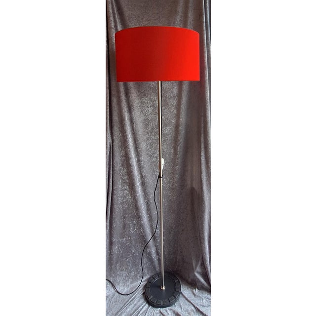 Vintage Brutalist Floor Lamp with Metal Base and Red Fabric Shade, 1970s, in Very Good conditions. Designed 1970 to 1979...