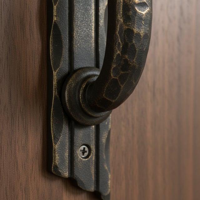 Rustic Hand-Forged Wrought Iron Door Pull Handle (Gold Patina) Deep Curved Barn Hardware For Sale - Image 3 of 6