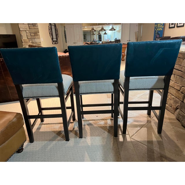 2000s Ethan Allen Hadley Leather Counter Stool Straight Top Custom