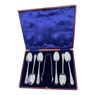 Antique John Round and Sons Sterling Silver Coffee Spoons and Sugar Tongs w/ Case Circa 1905 - Set of Six For Sale