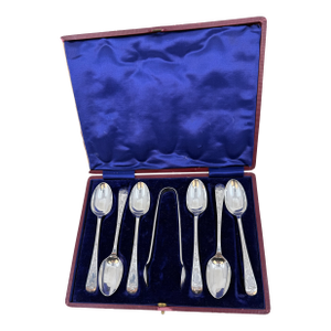 Antique John Round and Sons Sterling Silver Coffee Spoons and Sugar Tongs w/ Case Circa 1905 - Set of Six