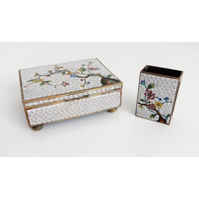 Mid 20th Century Vintage Cloisonne Smoke Box & Matchbox Cover Set For Sale - Image 5 of 14