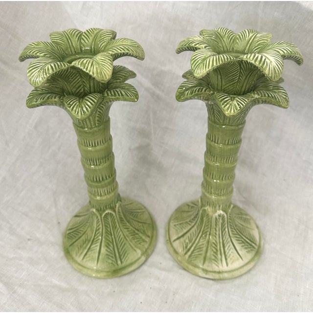 Farmhouse Pair of Ceramic Palm Tree Candle Holders For Sale - Image 3 of 6