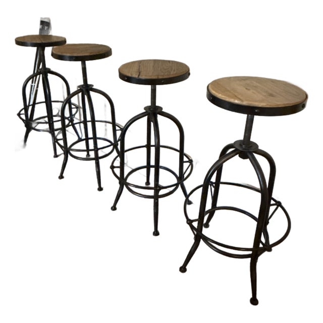 Farmhouse Wood & Iron Round Adjustable Stool For Sale