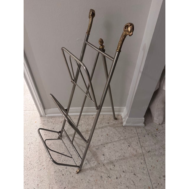 1970s Vintage Italian Satin Steel & Brass Ram’s Head Folding Magazine Rack, Maison Jansen Style, Italy For Sale - Image 5 of 8