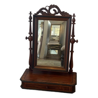Vintage Mahogany Tabletop Vanity Mirror With Drawer - Carved Wood Dressing Mirror For Sale