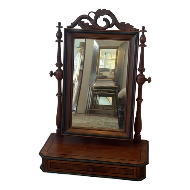 Vintage Mahogany Tabletop Vanity Mirror With Drawer - Carved Wood Dressing Mirror For Sale