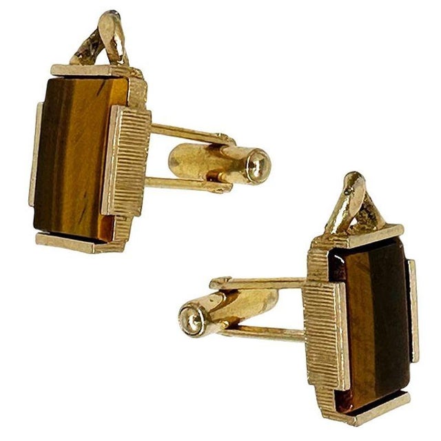 Mid-Century Modern 1960s Mid-Century Mens 10k Gold Plate Whaleback Cufflinks W/ Tigers Eye by Swank Products, A Pair For Sale - Image 3 of 5