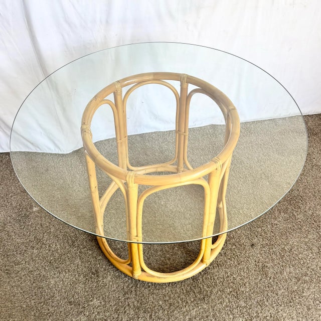1980s Boho Chic Rattan Glass Top Dining Table For Sale - Image 5 of 7