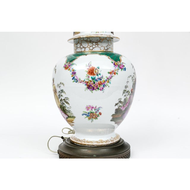 French Country Antique Continental Hand-Painted Porcelain Baluster Jar Table Lamp | Watteau Figural Scenes | C. 1890 For Sale - Image 3 of 12