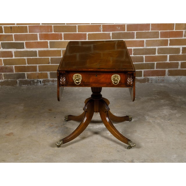 19th Century Regency English Mahogany Pembroke Table with Drawer, Quadripod Base, Lion Feet For Sale - Image 4 of 12