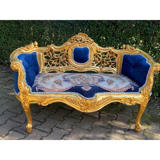 Late 20thC French Louis XVI Blue Velvet Antique Gold Beech Settee For Sale - Image 14 of 14
