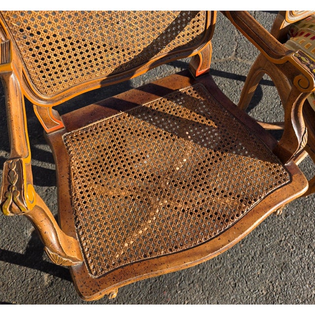 Wood Pr of Early 20th Century French Louis XV Style Carved Walnut Fauteuils W/Cane Seats & Backs, Original Painted Highlights W/Loose Upholstered Cushions For Sale - Image 7 of 9
