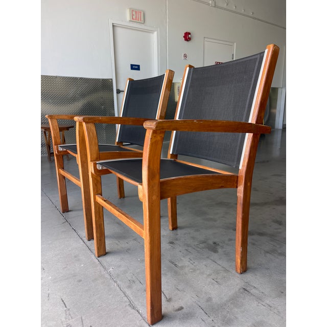 Vintage Teak Sling Patio Lounge Chairs With Black Mesh – Robb & Stucky, A Pair For Sale - Image 9 of 14