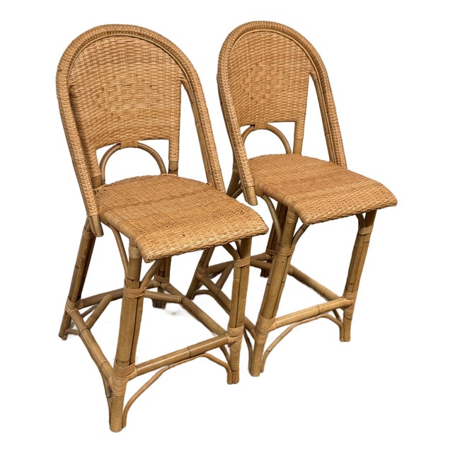 Serena & Lily Sunwashed Rivera Rattan Counter Stools, Pair For Sale
