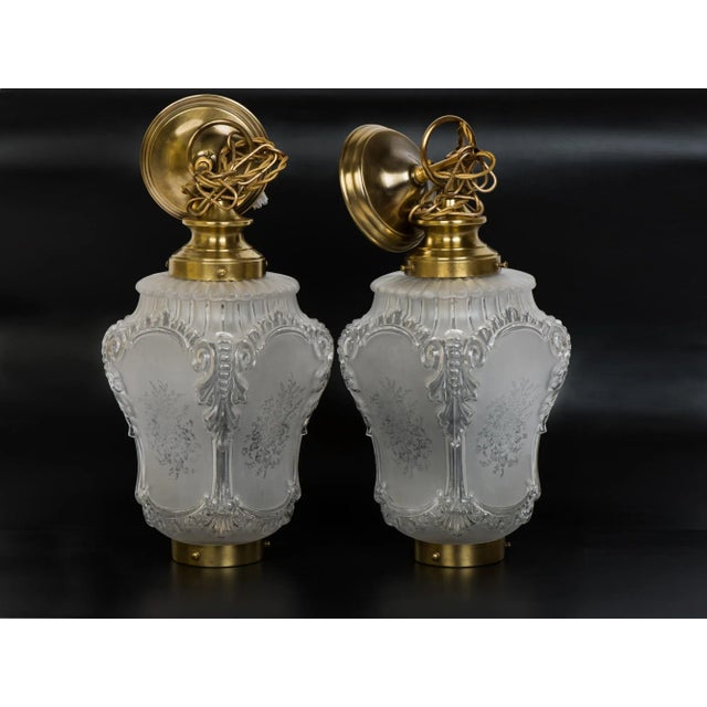 1950s French Rococo Brass Chain Pendant Lights, Acid-Etched Pressed Crystal Shades - A Pair For Sale - Image 10 of 12
