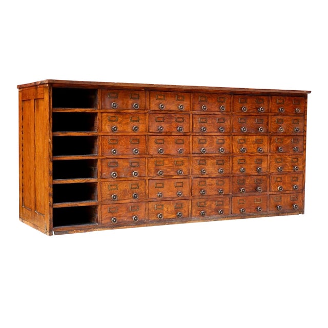 Antique Oak Store Counter Apothecary Card Catalog Kitchen Island (30 Drawers) For Sale