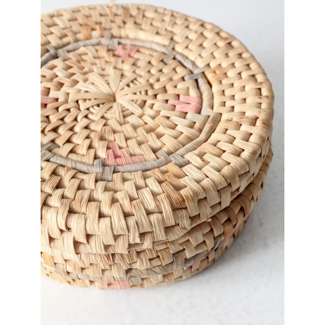 Vintage Woven Pastel Round Basket Box For Sale - Image 9 of 11
