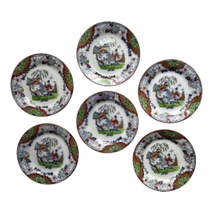 Vintage Italian Chinoiserie Plates | s.c.i. Laveno Italy | 1930–1950 | Set of 6 Hand-Painted Enamel Transferware